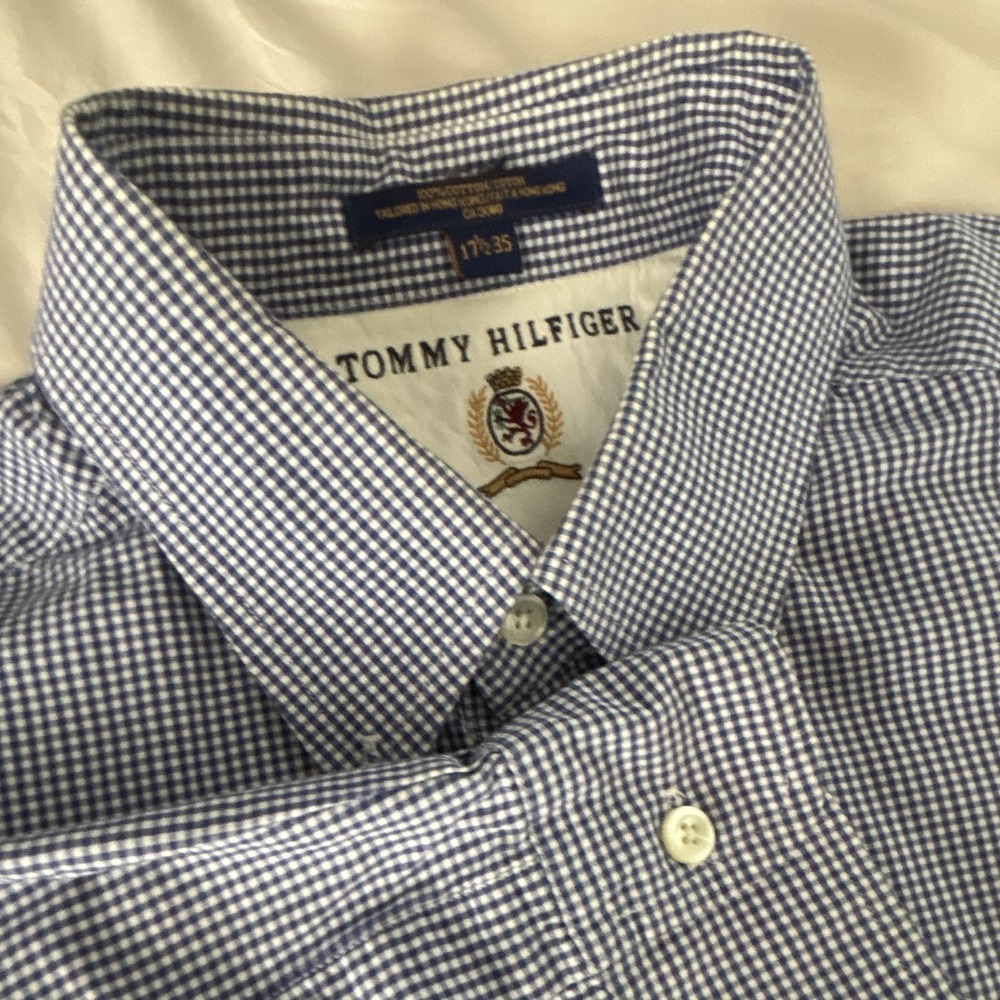 Tommy Hilfiger Mens Blue‎ White Gingham Button Down Shirt 17.5 35 Cotton L XL